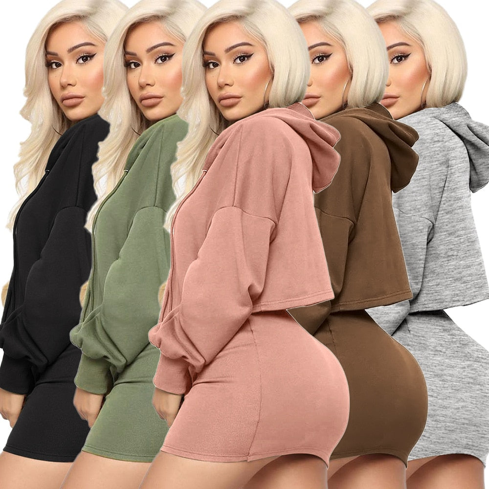 Two Piece Set- Hooded Top + Mini Skirt Outfits