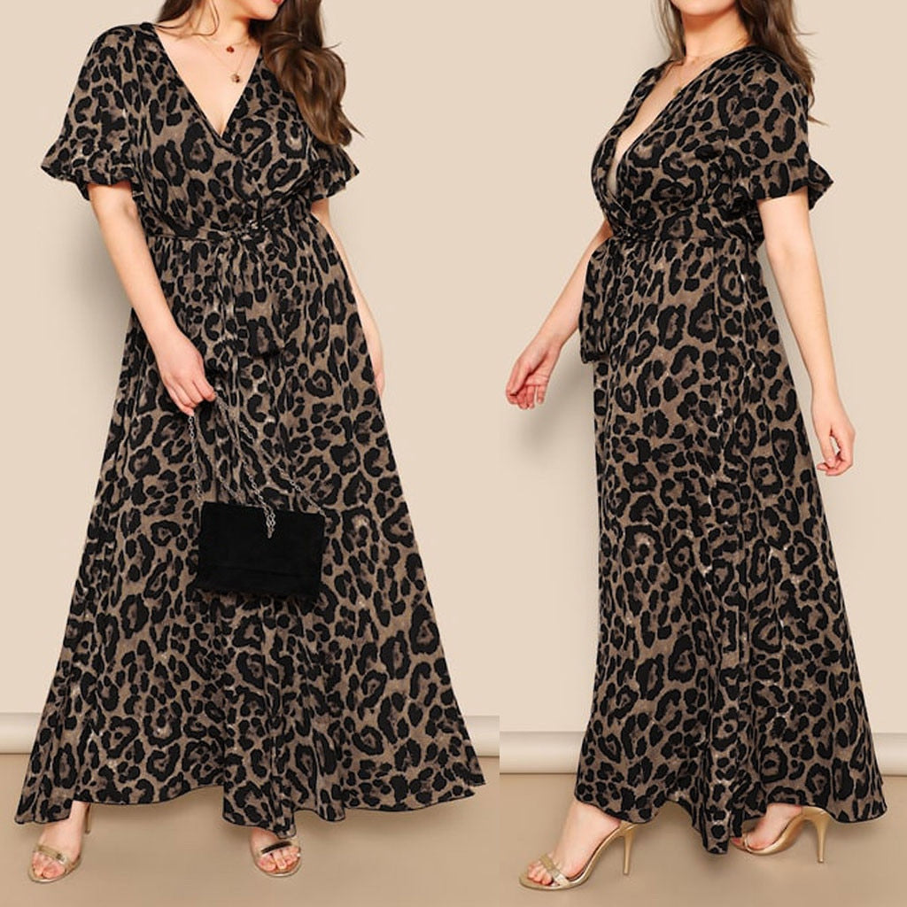 Vintage Short Sleeve V-neck Lady Leopard Dress