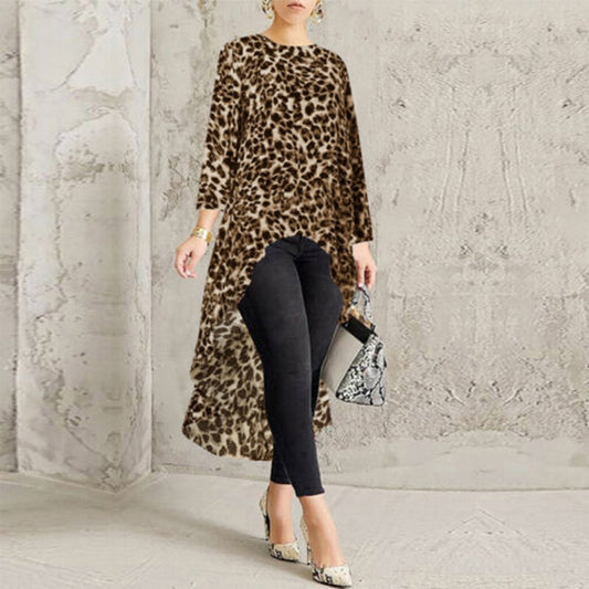 Leopard Long Sleeve Shirt Tops High Low Blouse