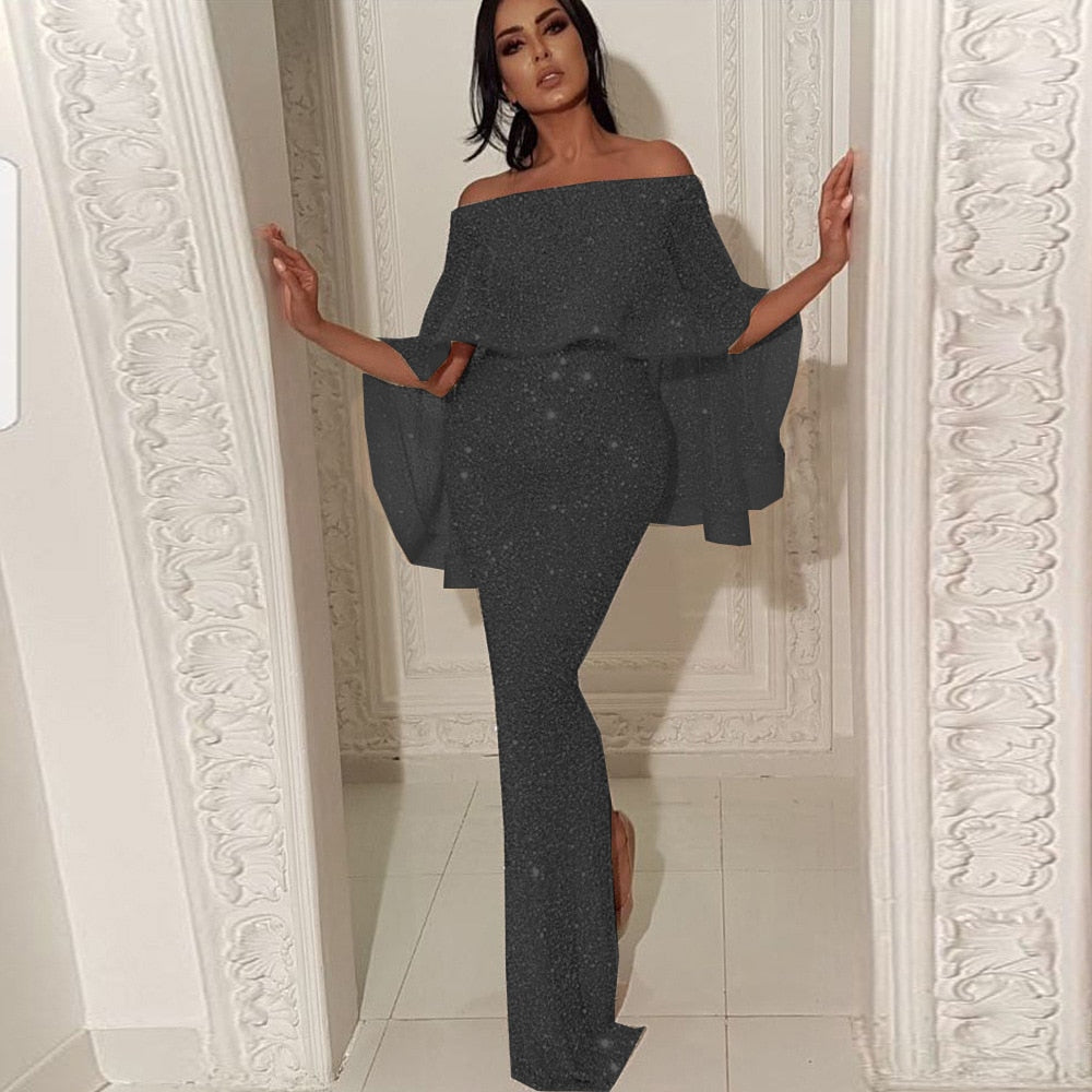 Shiny Elegant Off Shoulder Bodycon Evening Long Gown