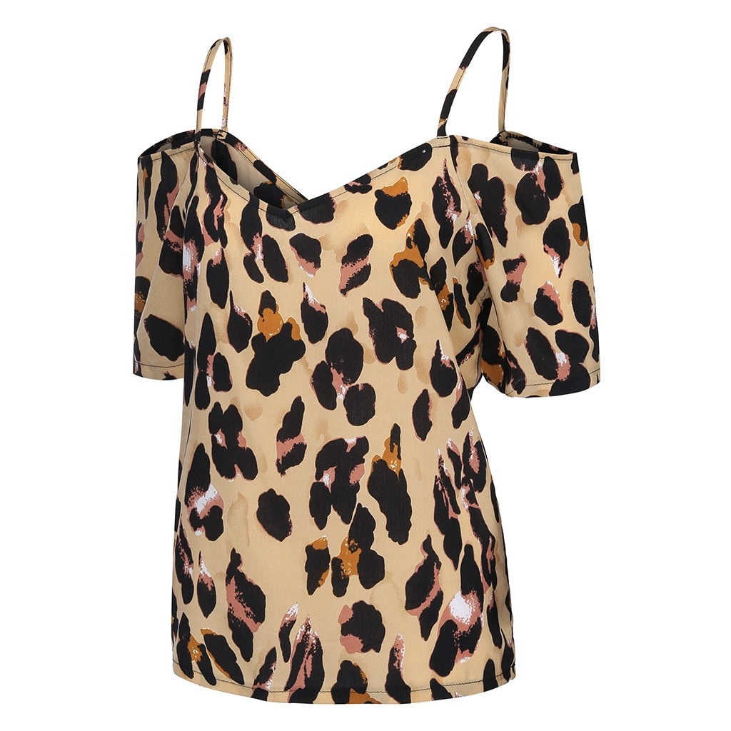 Women Summer Leopard Print Cold Shoulder Blouse