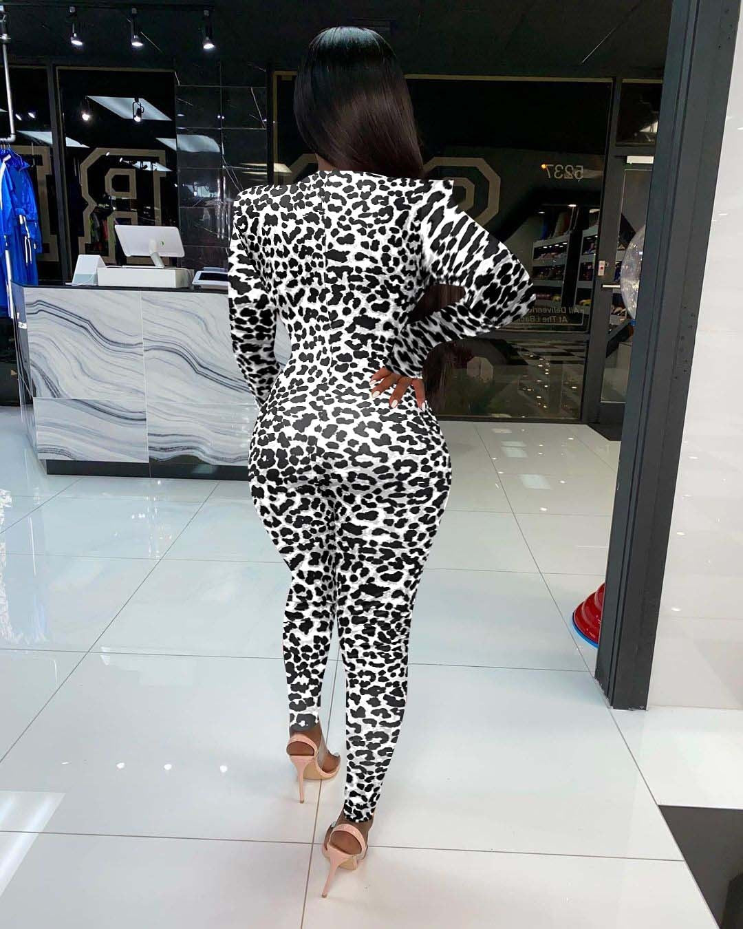 O Neck Long Sleeve Leggings Leopard Print Rompers Jumpsuit