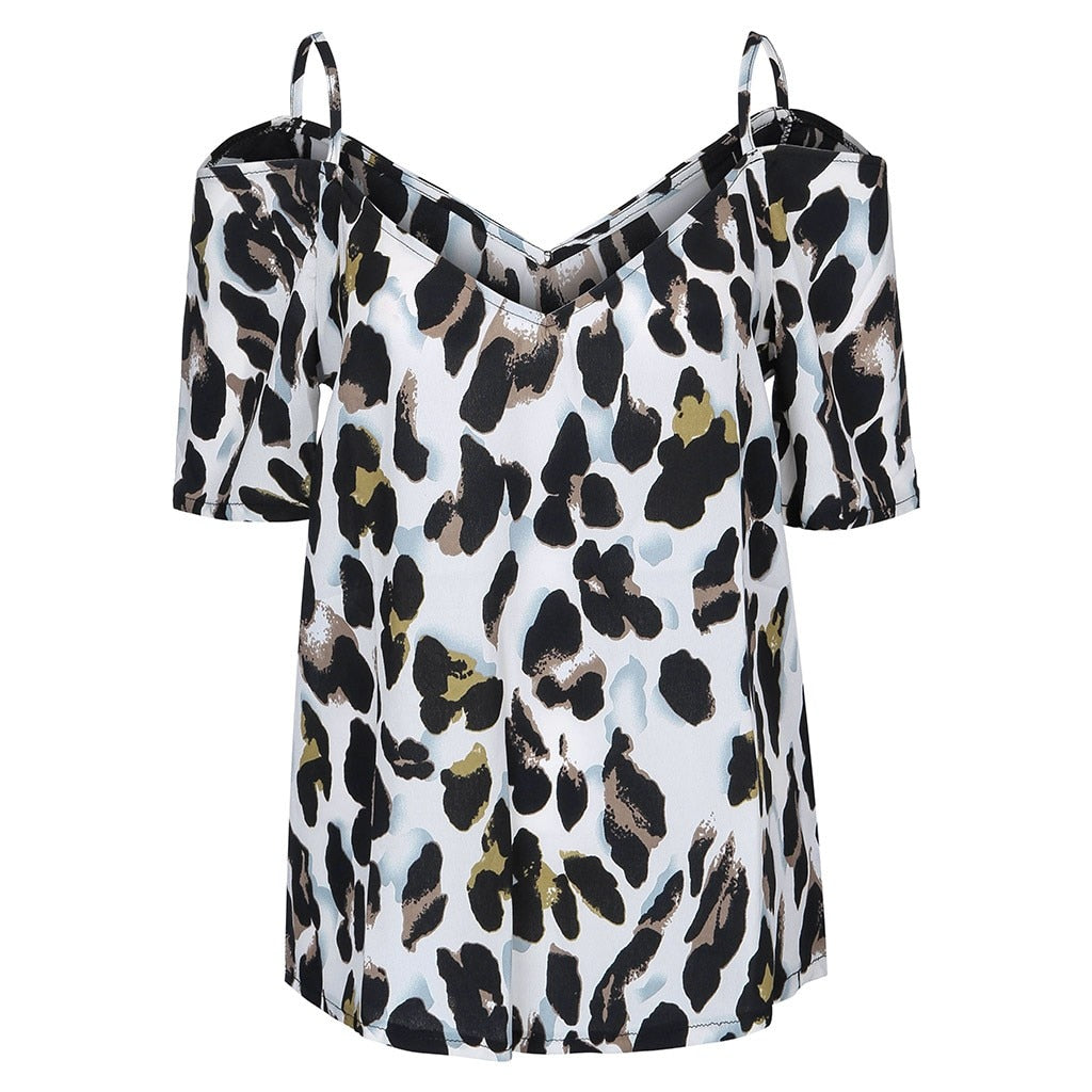 Women Summer Leopard Print Cold Shoulder Blouse