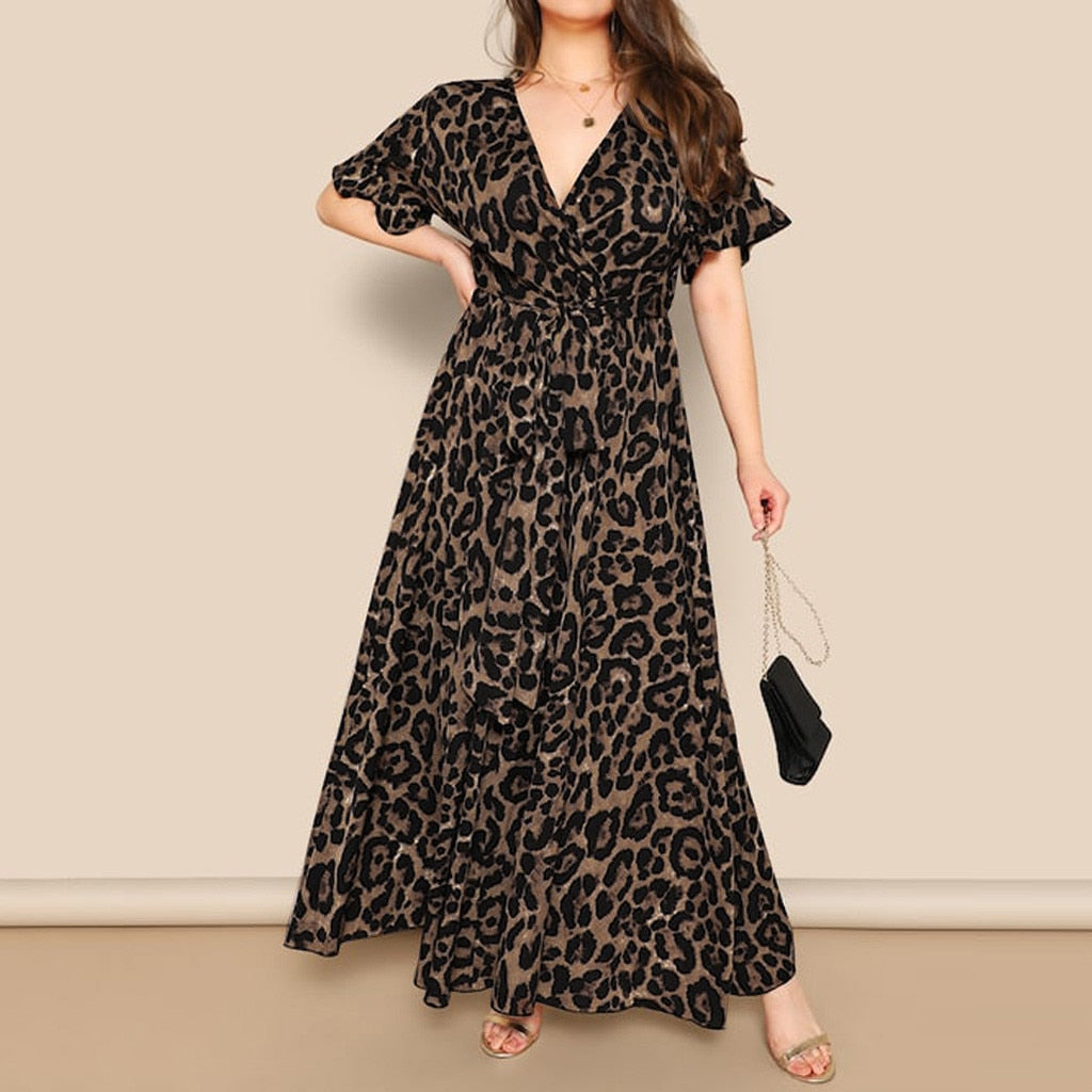 Vintage Short Sleeve V-neck Lady Leopard Dress