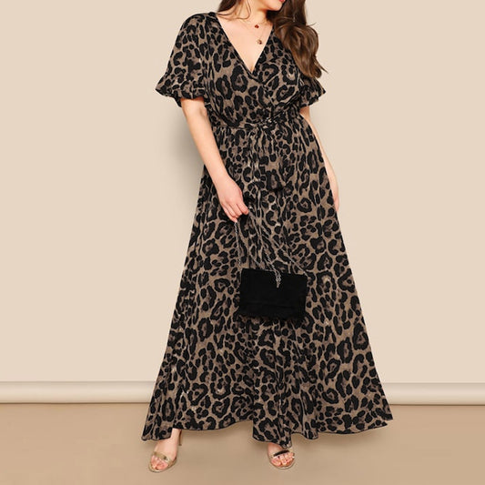 Vintage Short Sleeve V-neck Lady Leopard Dress