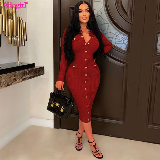 Stretchy V Neck Long Sleeve Pockets Bodycon Dress