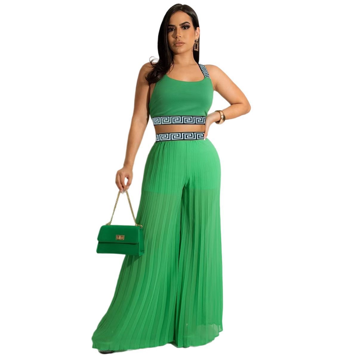 Two Piece- Casual Bandage Crop Top + Wide Leg Flare Pant Tracksuit