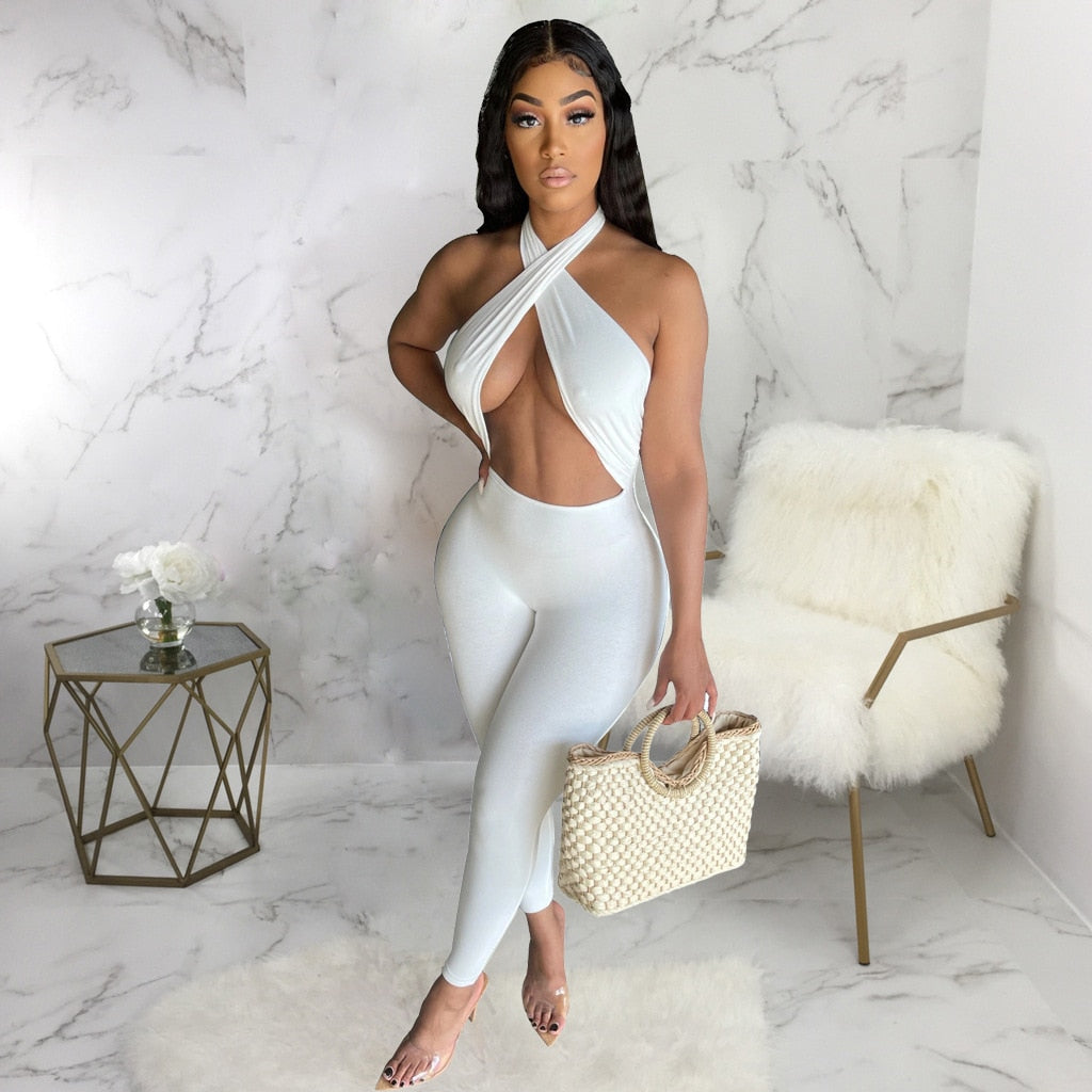 One Piece - Sexy Black White Halter Cut Out Jumpsuit