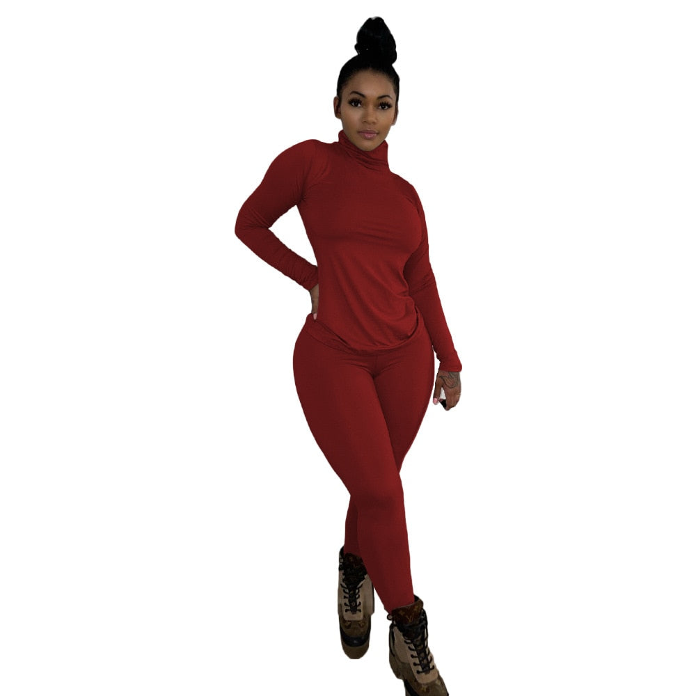 Two Piece - Casual Soft Wear Turtleneck Long Sleeve Top + Pants