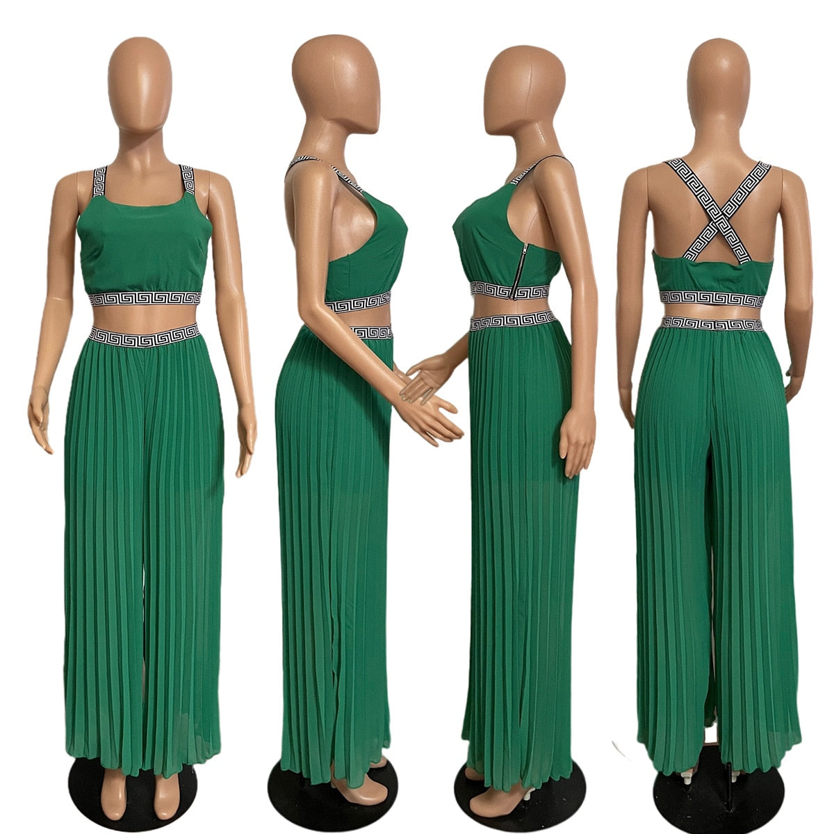 Two Piece- Casual Bandage Crop Top + Wide Leg Flare Pant Tracksuit