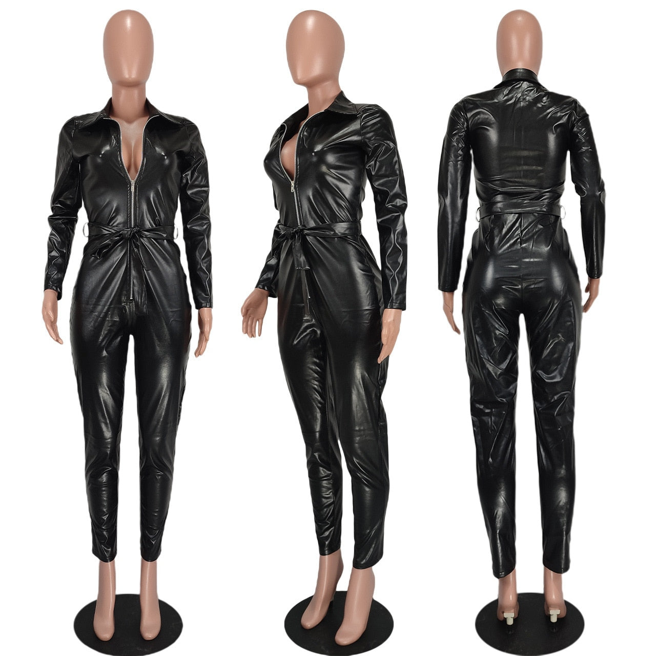 Sexy One-piece PU Leather Bandage Jumpsuit with Belt