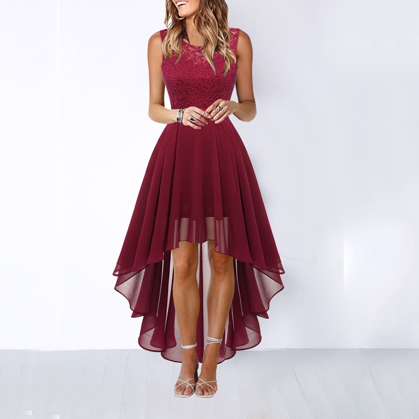 Red high low dresses formal