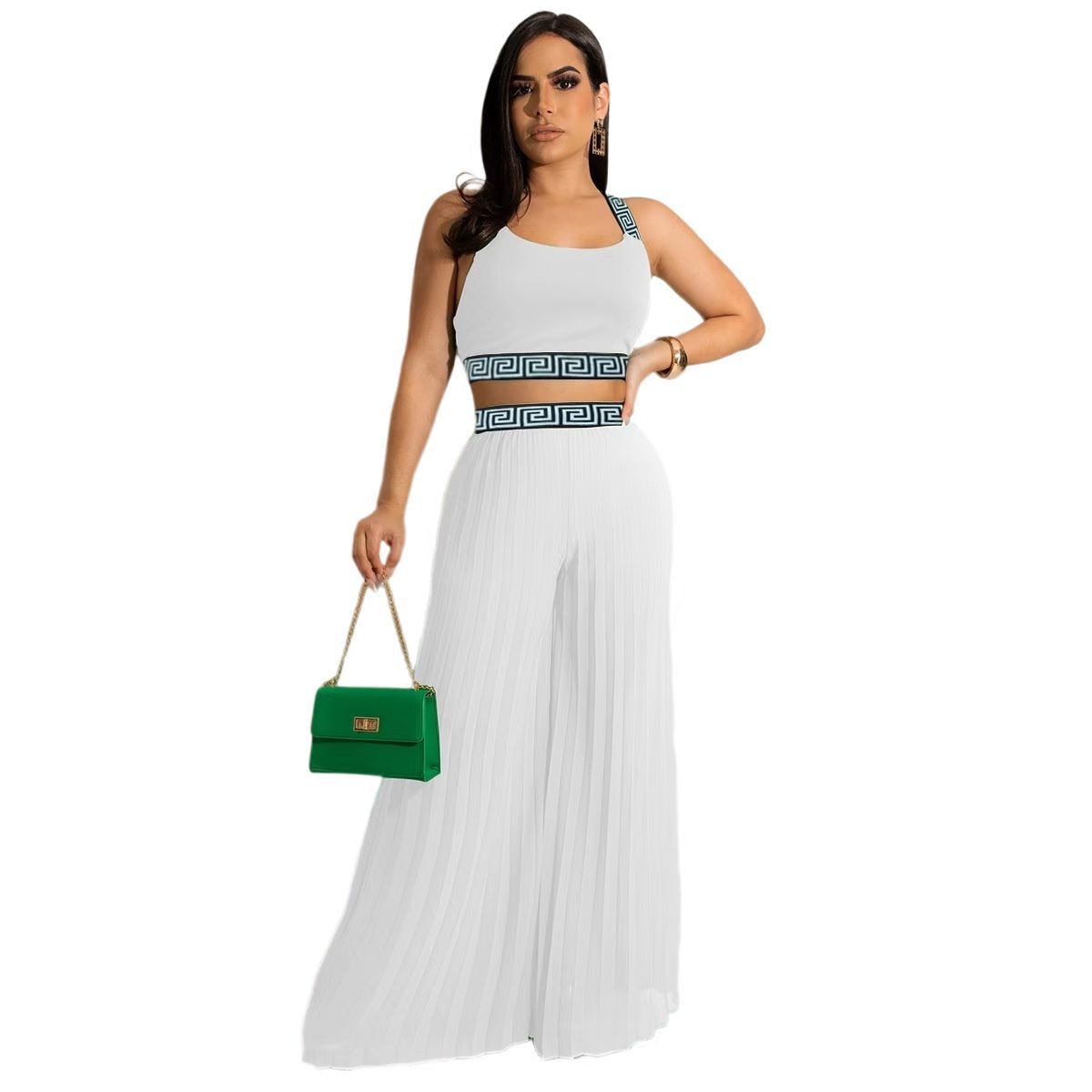 Two Piece- Casual Bandage Crop Top + Wide Leg Flare Pant Tracksuit