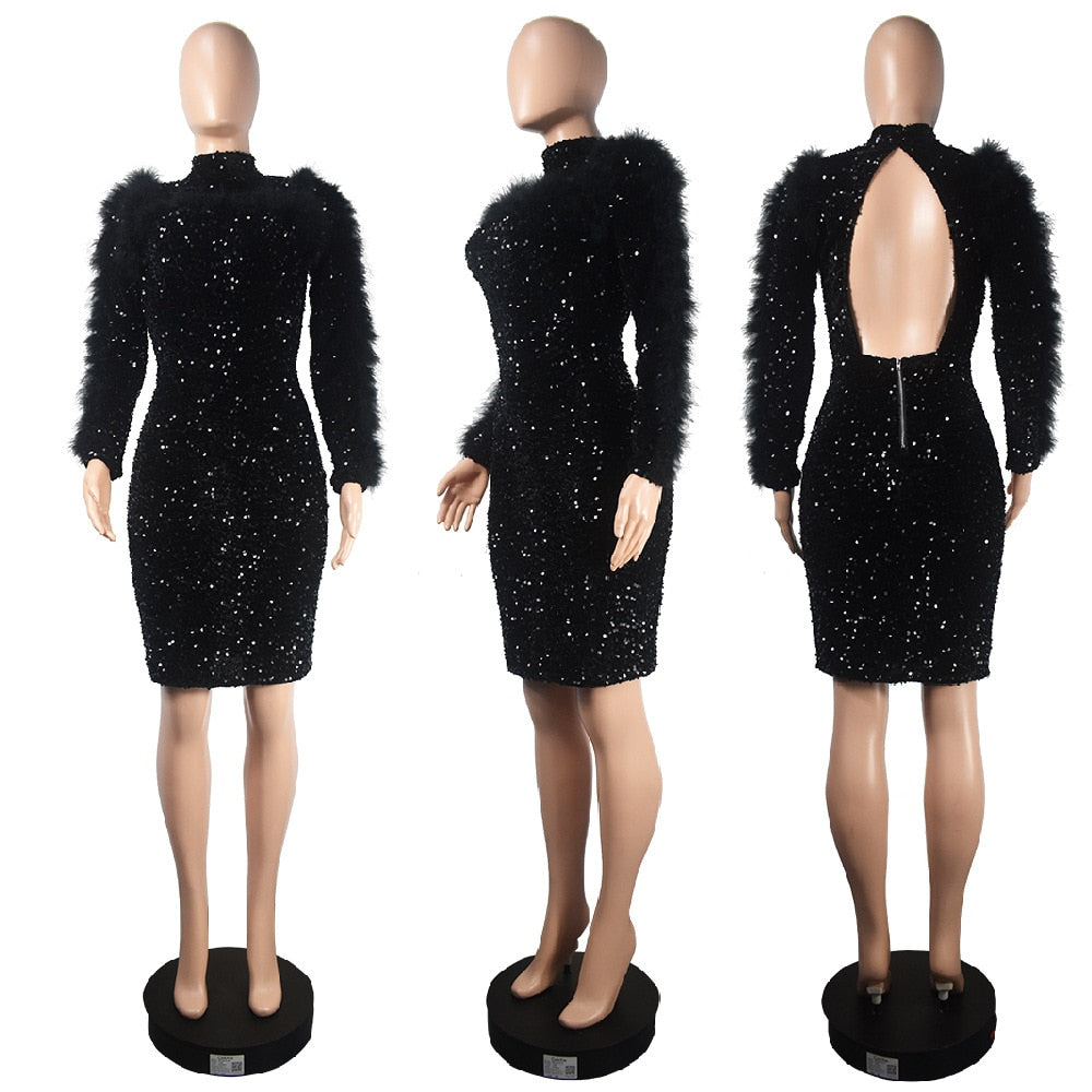 O Neck Long Sleeve Backless Elegant Glitter Sequined Feathers Dress