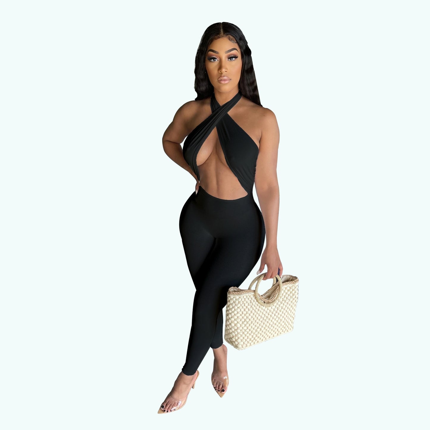 One Piece - Sexy Black White Halter Cut Out Jumpsuit