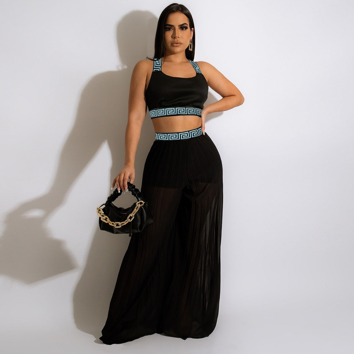 Two Piece- Casual Bandage Crop Top + Wide Leg Flare Pant Tracksuit