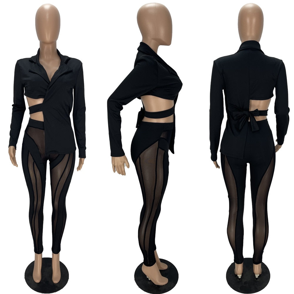 black blazer dress- Blazer Dress + Sheer Mesh Patchwork Pants