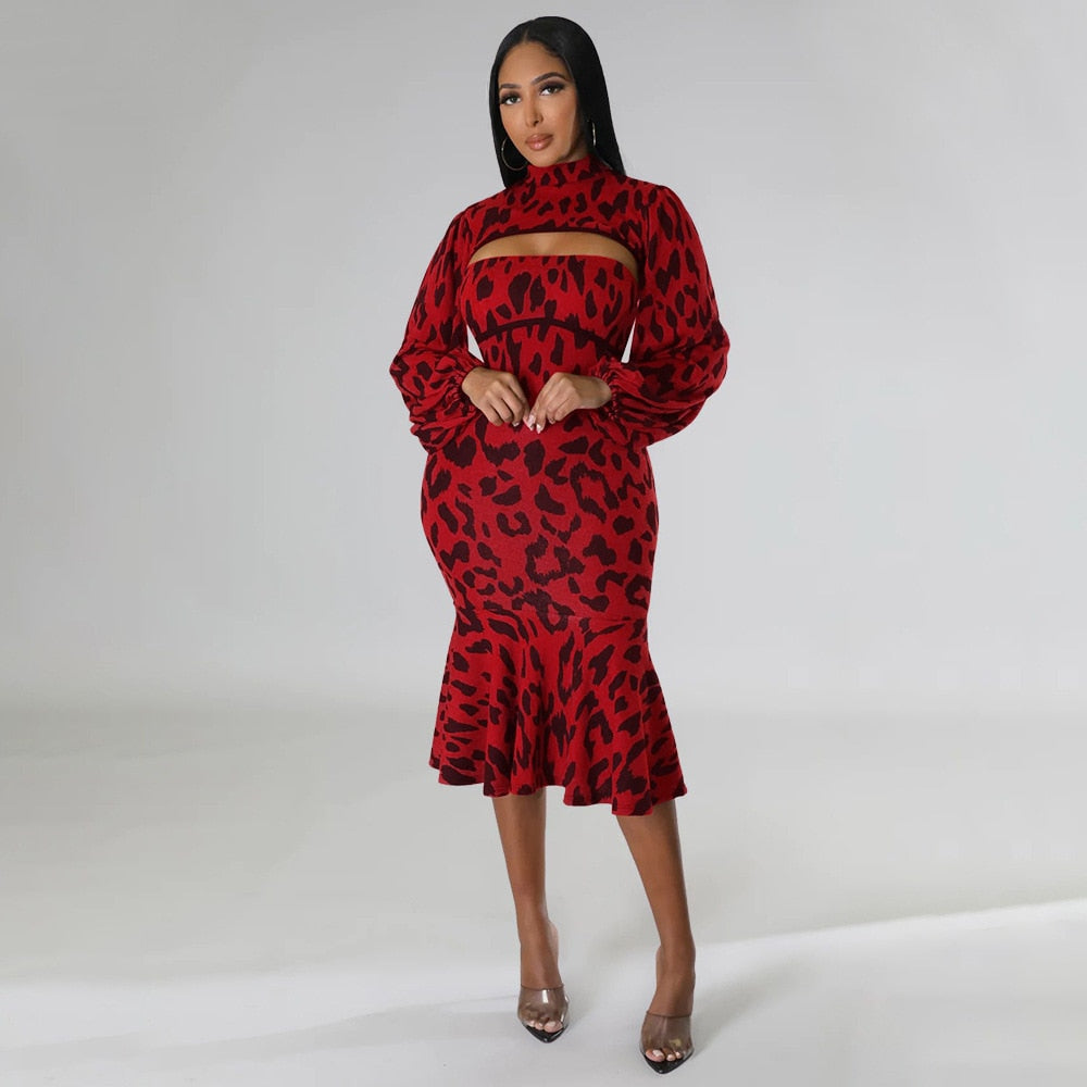 Elegant 2 Piece Set- Leopard Print Dress + Flare Sleeve Shorts Coat