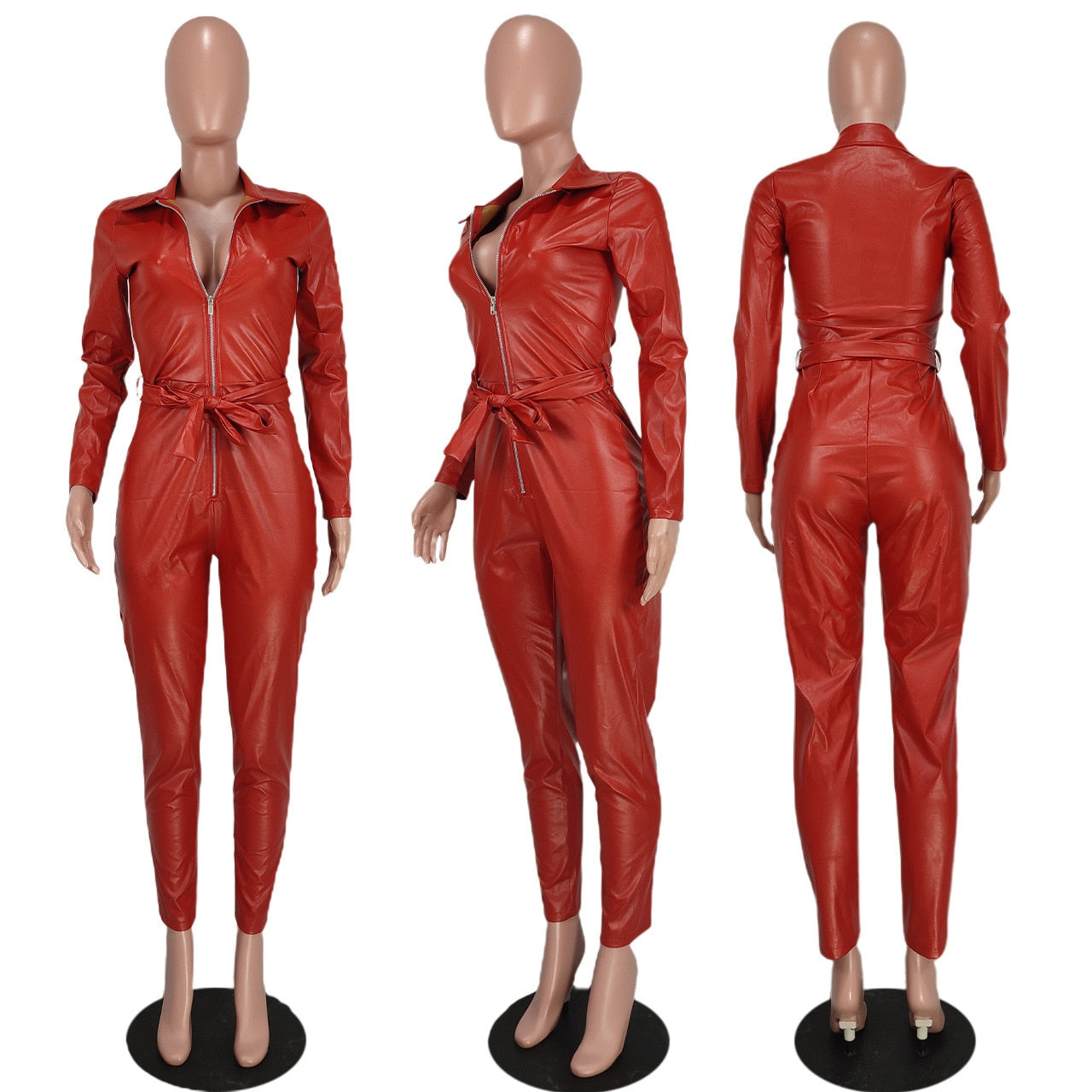 Sexy One-piece PU Leather Bandage Jumpsuit with Belt